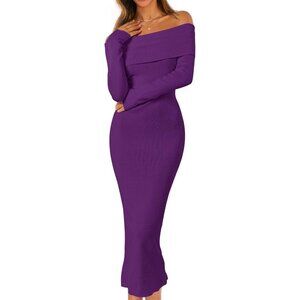 Merokeety Women's Darkpurple Off Shoulder Long Sleeve Elegant Bodycon Midi Dress